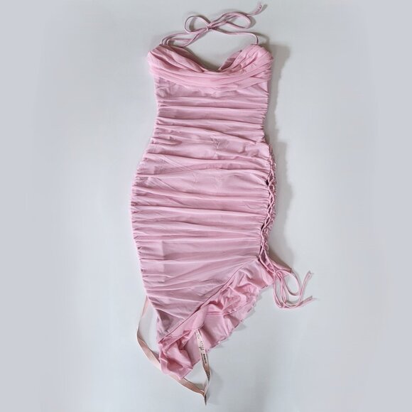 Oh Polly Pink Ruched Lace-Up 'Edenia' Midi Dress SIZE 4/ SMALL - Picture 6 of 8